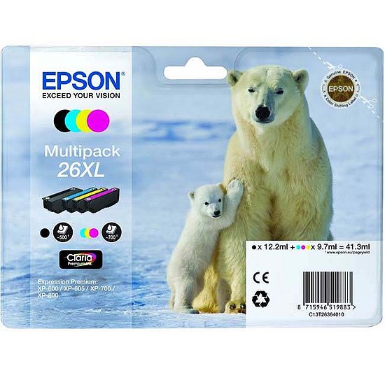 Epson T26XL T2636 Multipack Black Cyan Magenta Yellow tintapatron eredeti C13T26364010 (T2631 + T2632 + T2633 + T2634) Jegesmedve