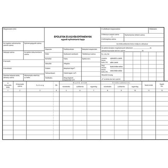 Épületek és egyéb építmények egyedi nyilvántartó lapja A4 fekvő B.11-63/új