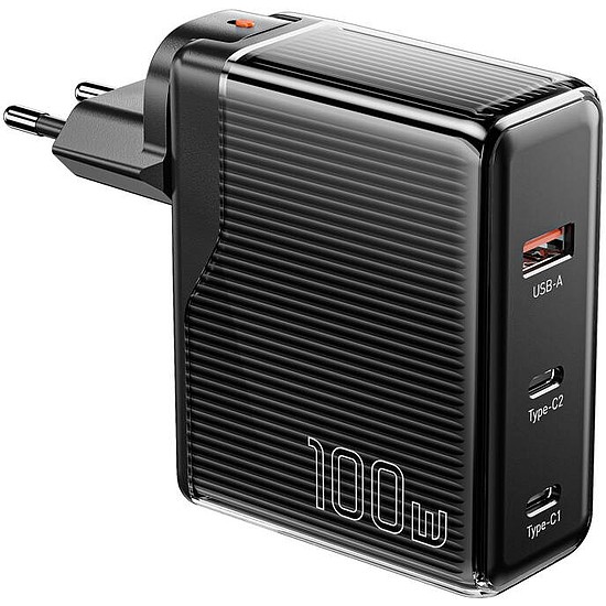 Fali töltő, Essager, ECT2CA-ZXB01-Z, GaN, USB-A, USB-C 100 W (fekete)