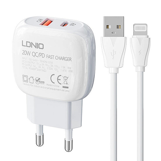 Fali töltő LDNIO A2313C USB, USB-C 20W + USB-Lightning kábel (A2313C Lightning)