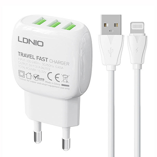 Fali töltő LDNIO A2522C USB, USB-C 30W + USB-C - USB-C kábel (A3315 Lightning)