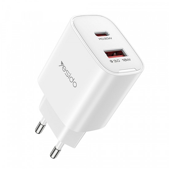 Fali töltő Yesido YC02E, 20W, 3A, 1 x USB-A - 1 x USB-C, fehér