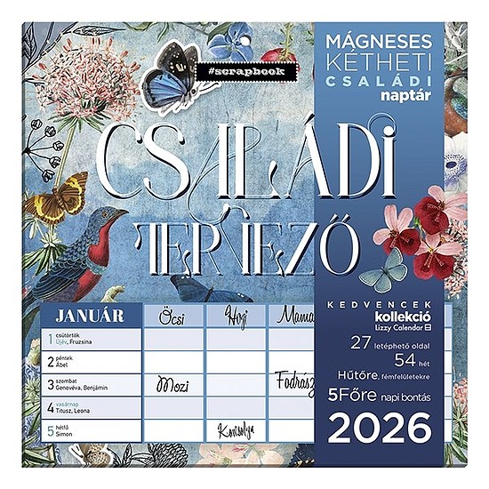 Falinaptár 2026 mágneses LIZZY CARD 220x220mm 2 hetes Anyu tervezője Scrapbook Style