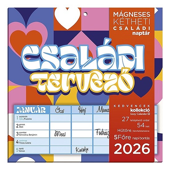 Falinaptár 2026 mágneses LIZZY CARD 220x220mm 2 hetes Családi tervező