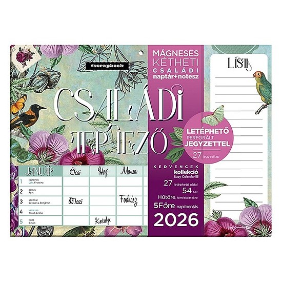 Falinaptár 2026 mágneses LIZZY CARD 220x300mm 2 hetes+ jegyzettömb Anyu tervezője Scrapbook Style