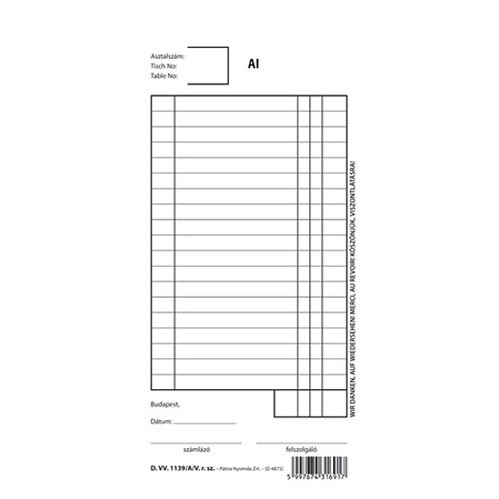 Felszolgáló számlatömb 102x203 mm 25x2 lapos D.VV.1139/A/V