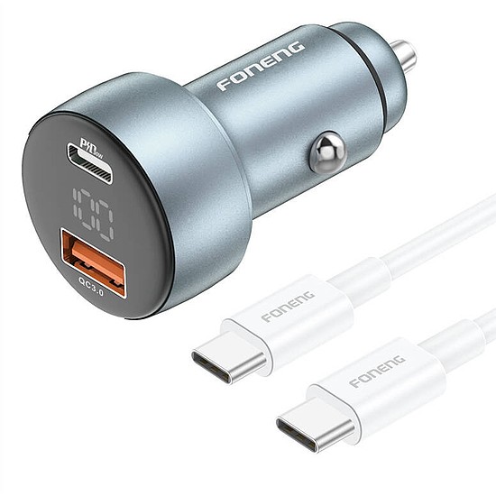 Foneng C18 1xUSB-A, 1xUSB-C 2,4A 48W autós töltő szürke + USB-C-USB-C kábel (C18 Type-C to Type-C)