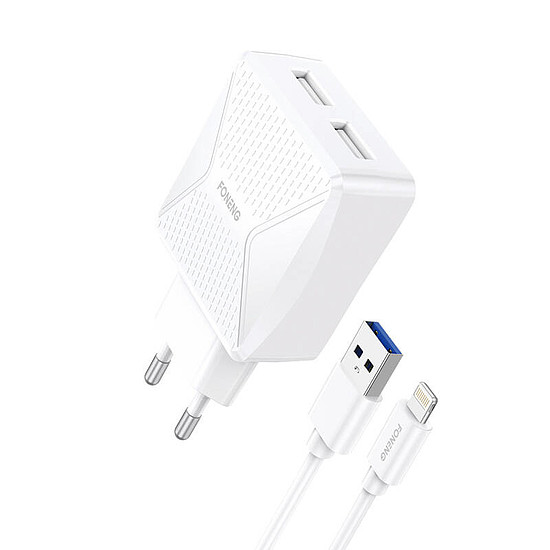Foneng EU35 2x USB fali töltő + USB-Lightning 2.4A kábel, fehér (EU35 Lightning)