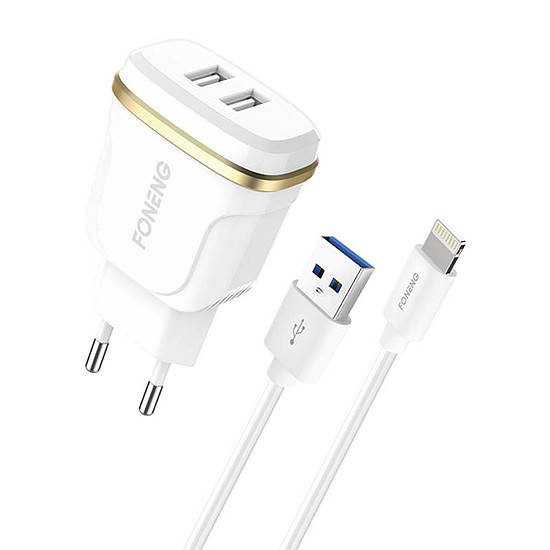 Foneng T240 2x USB fali töltő, 2.4A + USB-Lightning kábel, fehér (T240 iPhone)
