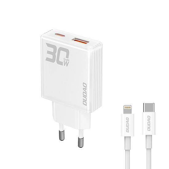 GaN Dudao A30EUL 30W USB-A / USB-C fali töltő + USB-C - Lightning kábel - fehér