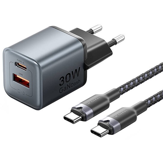 GaN Vention USB-C+A 30W töltő + USB-C kábel 1m szürke (TZ-FEWH0-EU)