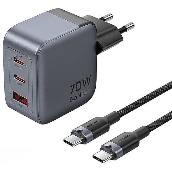 GaN Vention USB-C+C+A 70W töltő + USB-C-C kábel 1m szürke (TZ-FEXH0-EU)