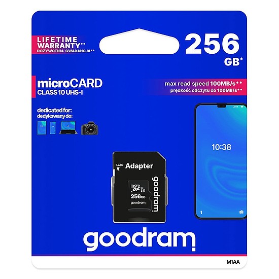Goodram Microcard 256 GB micro SD XC UHS-I Class 10 memóriakártya, SD adapter (M1AA-2560R12)
