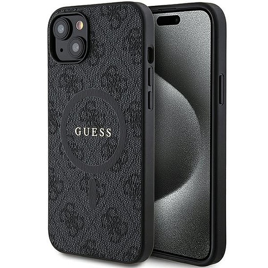 Guess 4G Collection bőr fém logó MagSafe tok iPhone-hoz 15/14/13 - fekete