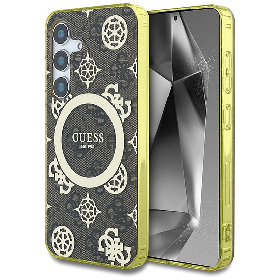 Guess 4G háttérrel ellátott, aranyozott, galvanizált bazsarózsa mintás MagSafe tok Samsung Galaxy S25 készülékhez, barna