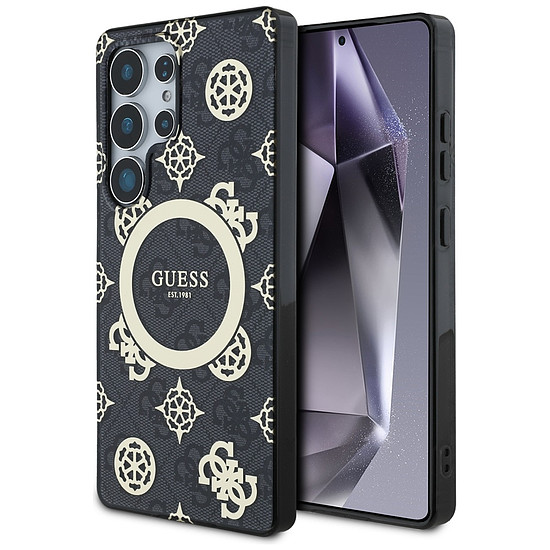 Guess 4G MagSafe tok Samsung Galaxy S25 Ultra készülékhez, arany, galvanizált bazsarózsa mintával, fekete színben, arany színben