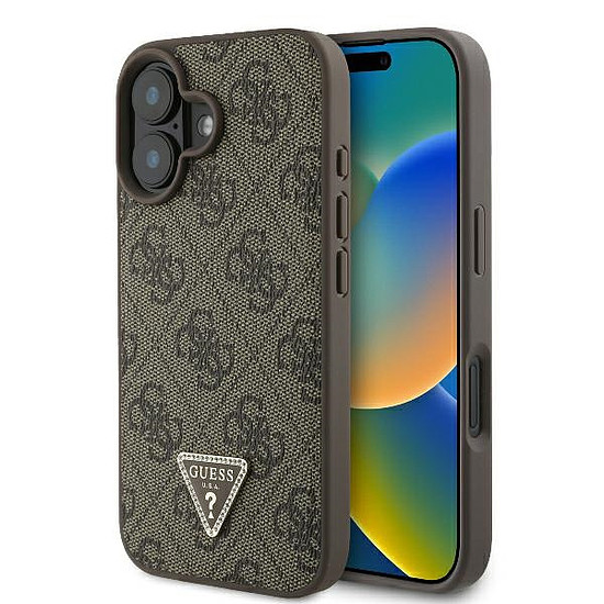 Guess bőr 4G háromszög alakú strasszos MagSafe tok iPhone 16 Plushoz, barna