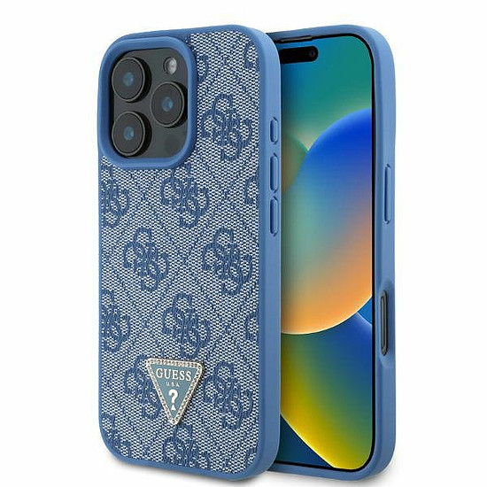 Guess bőr 4G háromszög alakú strasszos MagSafe tok iPhone 16 Próhoz, kék