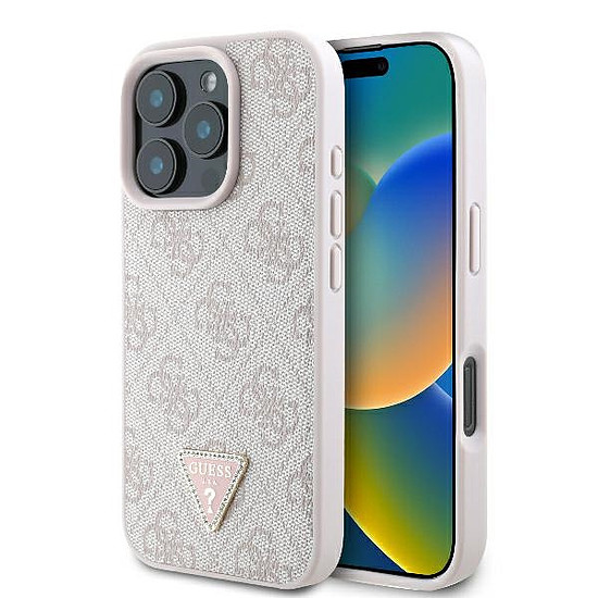 Guess bőr 4G háromszög alakú strasszos MagSafe tok iPhone 16 Próhoz, rózsaszín