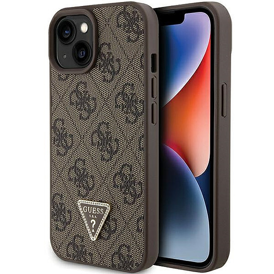 Guess bőr 4G háromszög strassz tok iPhone 15-höz - barna