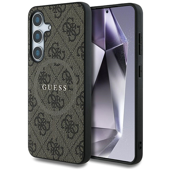 Guess bőr 4G színes gyűrű klasszikus logóval MagSafe Samsung Galaxy S25 tok barna