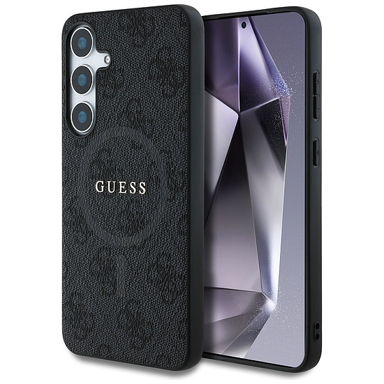Guess bőr 4G színes gyűrű klasszikus logóval MagSafe Samsung Galaxy S25 tok fekete