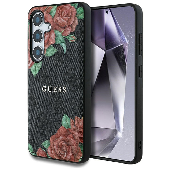 Guess bőr 4G virágmintás fém klasszikus logós MagSafe tok Samsung Galaxy S25-höz, fekete
