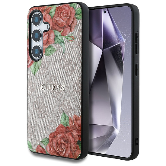 Guess bőr 4G virágmintás fém klasszikus logós MagSafe tok Samsung Galaxy S25 készülékhez, rózsaszín