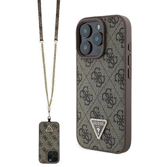 Guess bőr fém logós strasszmintás kereszttok iPhone 16 Pro-hoz, barna