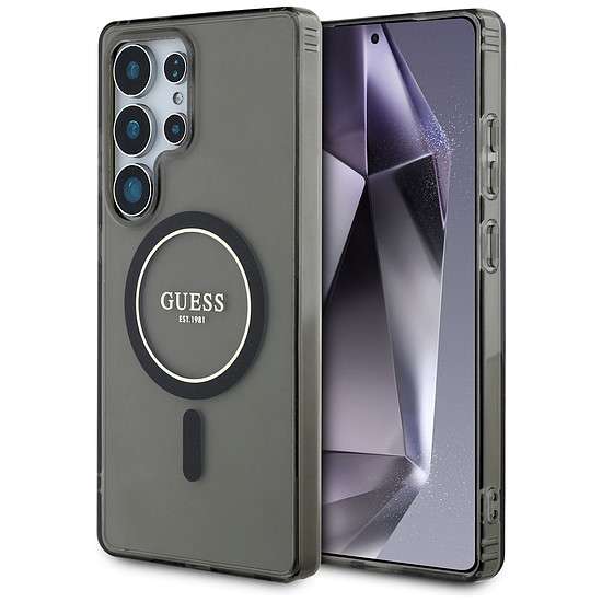 Guess Csillámos Kör Klasszikus Logós MagSafe tok Samsung Galaxy S25 Ultra készülékhez, fekete