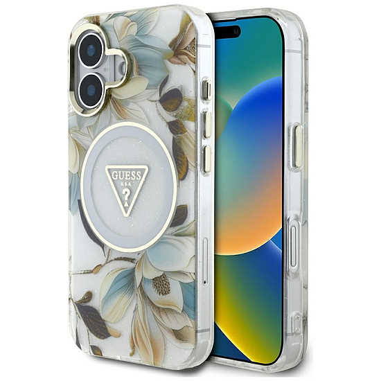 Guess csillámos virágos háromszög gombos MagSafe iPhone 16 tok fehér