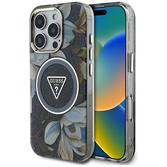 Guess csillámos virágos háromszög gombos MagSafe tok iPhone 16 Pro Maxhoz, fekete