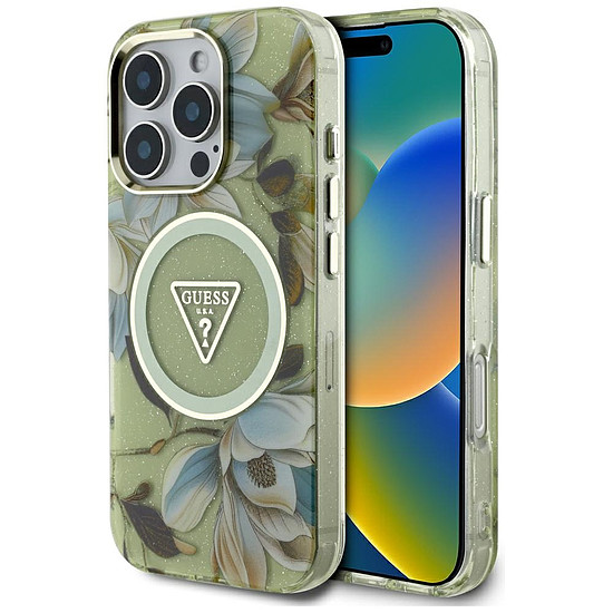Guess csillámos virágos háromszög gombos MagSafe tok iPhone 16 Próhoz zöld