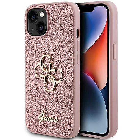 Guess Glitter Script Big 4G tok iPhone 15-höz - rózsaszín