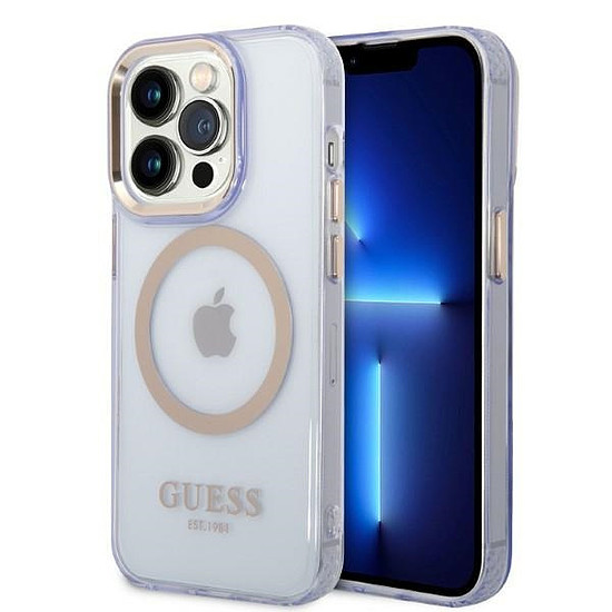 Guess Gold Outline áttetsző MagSafe tok iPhone 14 Pro Max 6.7"-hez, lila