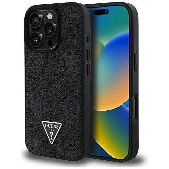 Guess Grained Hot Stamp Peony háromszög logós MagSafe tok iPhone 16 Pro Maxhoz, fekete
