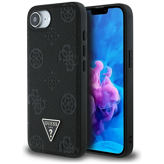 Guess Grained Hot Stamp Peony háromszög logós MagSafe tok iPhone 16e-hez - fekete