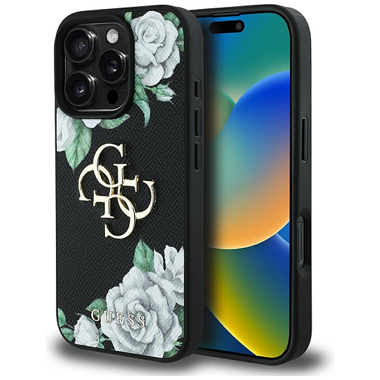 Guess Grained Roses Big 4G logós tok iPhone 16 Pro Max-hoz - fekete