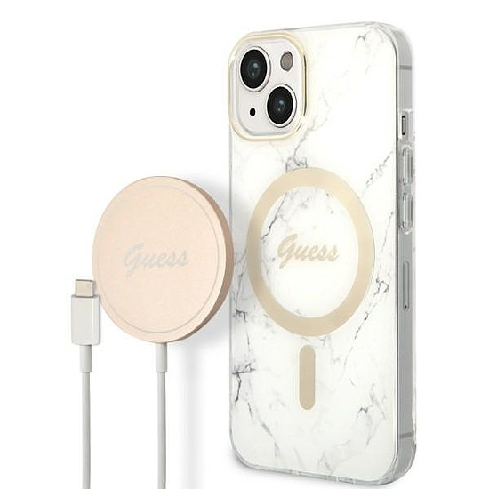 Guess GUBPP14SHMEACSH tok + töltő iPhone 14 6.1" fehér/fehér kemény tok Márvány MagSafe
