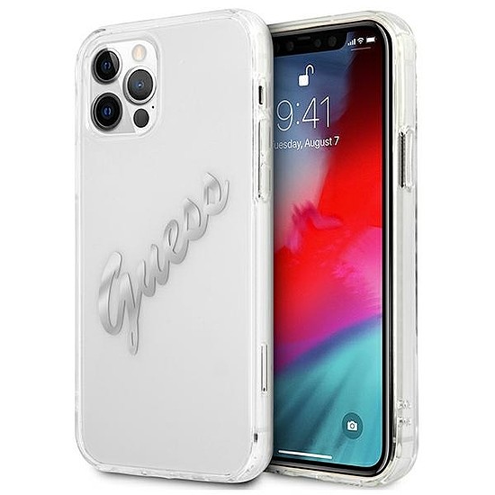 Guess GUHCP12LKTRSVSI iPhone 12 Pro Max 6.7" Átlátszó kemény tok Vintage Script Silver
