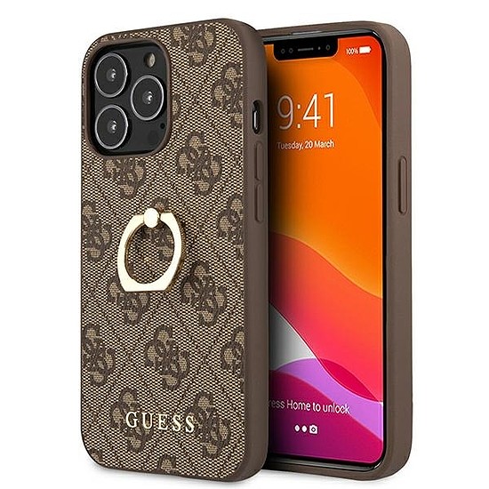Guess GUHCP13L4GMRBR iPhone 13 Pro / 13 6.1" barna/barna keménytokos 4G gyűrűs állvánnyal