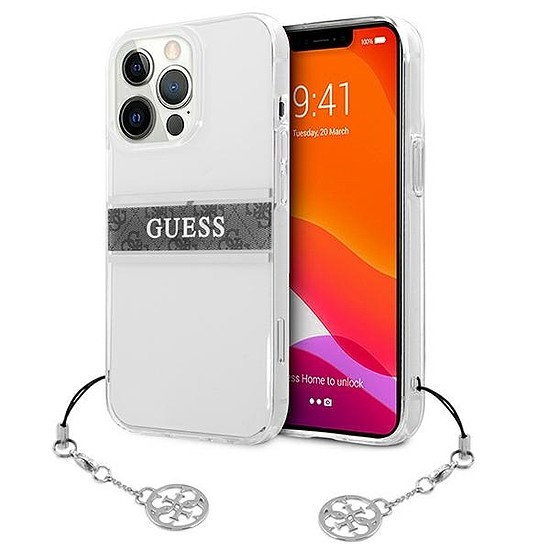 Guess GUHCP13LKB4GGR iPhone 13 Pro / 13 6,1" átlátszó kemény tok, 4G szürke szíj