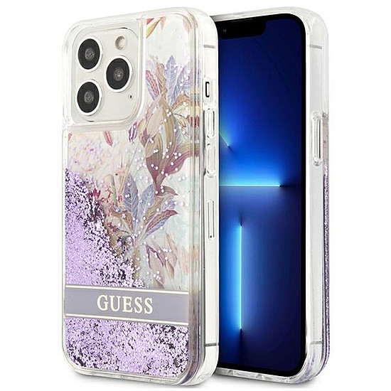 Guess GUHCP13LLFLSU iPhone 13 Pro / 13 6.1" lila/lila keménytok Flower Liquid Glitter