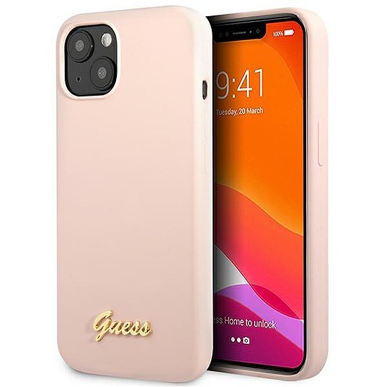 Guess GUHCP13MLSLMGLP iPhone 13 6.1 hüvelykes világos rózsaszín/halvány rózsaszín kemény tokos szilikon Script Gold logo