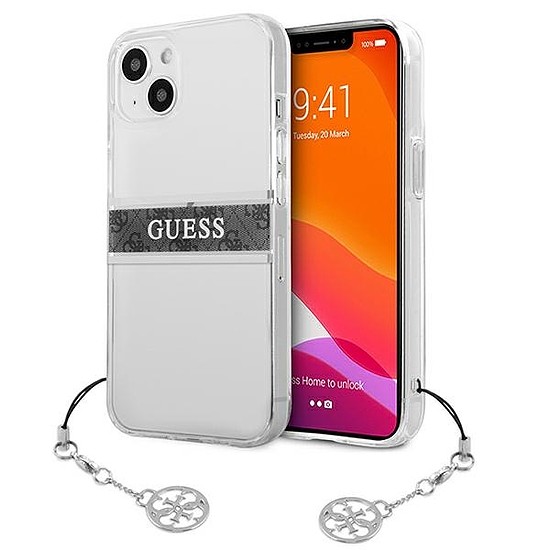 Guess GUHCP13SKB4GGR iPhone 13 mini 5.4" Átlátszó kemény tokos 4G szürke szíjas varázsló