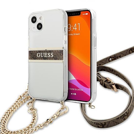 Guess GUHCP13SKC4GBGO iPhone 13 mini 5.4" átlátszó keménytokos 4G barna szíj arany lánc