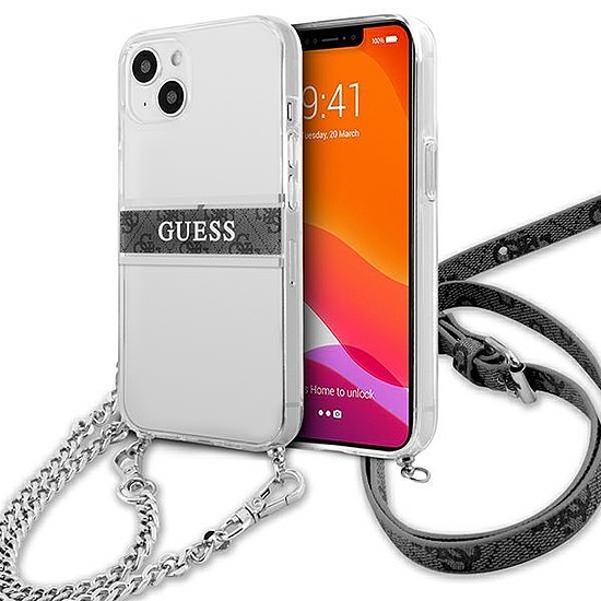 Guess GUHCP13SKC4GBSI iPhone 13 mini 5.4" átlátszó keménytokos 4G szürke szíjas ezüst lánc