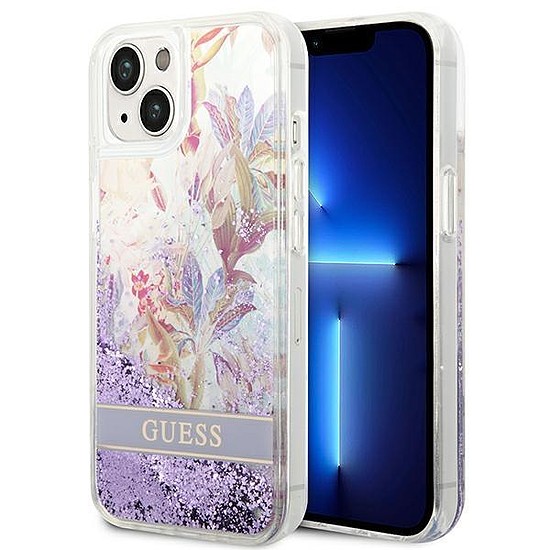 Guess GUHCP14MLFLSU iPhone 14 Plus 6.7 hüvelykes lila/lila kemény tok, Flower Liquid Glitter