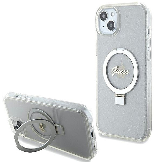 Guess GUHMP15MHRSGSD iPhone 15 Plus / 14 Plus 6.7" átlátszó/átlátszó keménytok Ring Stand Script Glitter MagSafe