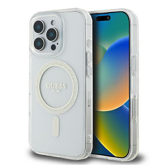 Guess GUHMP16LHFGERET iPhone 16 Pro 6.3" átlátszó keménytok IML Glitter Circle MagSafe